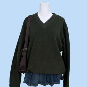 dark green essential basic y2k vneck fleece sweater skate grunge boyfriend